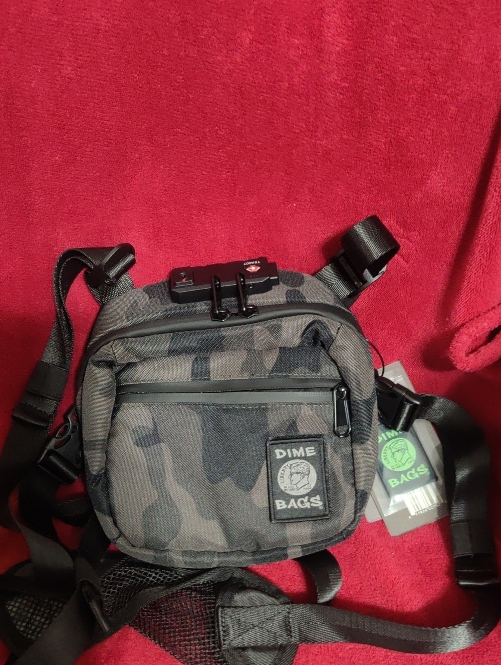Dime Bags Black Camo Utility Crossbody • NWT • Built‑In Combo Lock • Travel/EDC